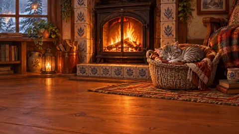 Sleeping Kitten by Fireplace