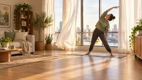 Woman Stretching by City Windows