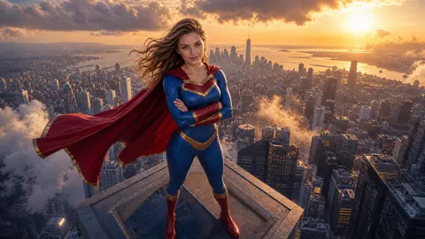 Female Superhero Above Sunset City