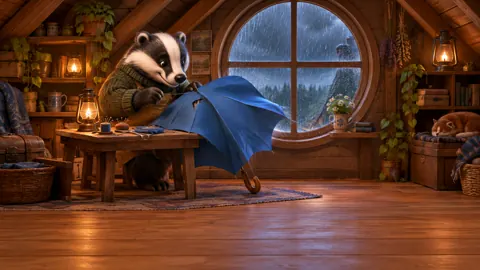 Badger Repairing Umbrella in Attic