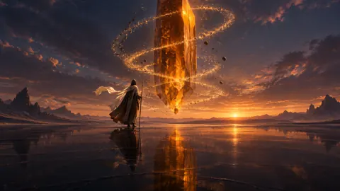 Hooded Pilgrim Before Amber Monolith