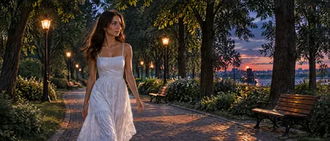 Woman in White Sundress at Dusk