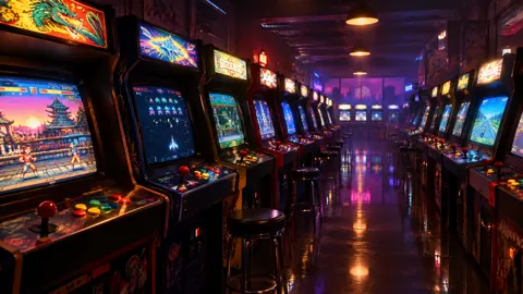 Retro Arcade Cabinets at Night