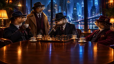 Otters Playing Chess in Noir Lounge