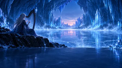 Silver-Haired Harpist in Ice Cave
