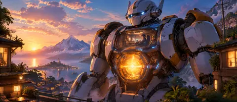 White Mecha Over Lakeside Town