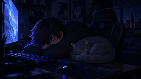 Sleeping Gamer With Gray Cat