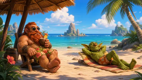 Dwarf Drinking Coconut On Beach