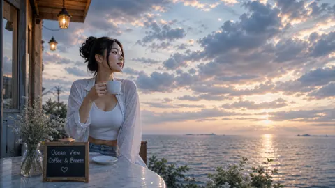 Woman Drinking Coffee Seaside