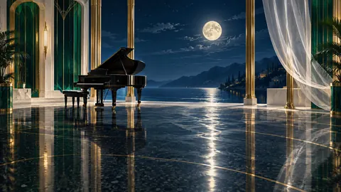 Grand Piano by Moonlit Lake