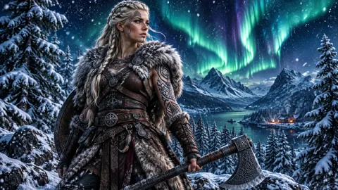 Norse Shield-Maiden Under Aurora