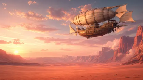 Brass Airship Over Red Dunes