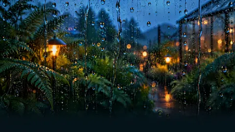 Rainy Greenhouse Window at Dusk