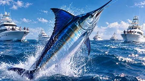 Blue Marlin Leaping Near Yachts