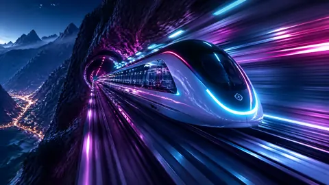 Futuristic Train in Neon Tunnel