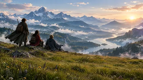 Cloaked Travelers Above Alpine Valleys