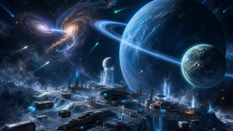 Icy Asteroid Shipyard Above Planet