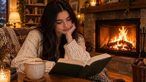 Woman Reading by Fireplace
