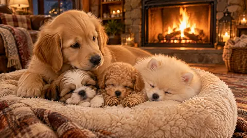 Golden Retriever With Sleeping Puppies