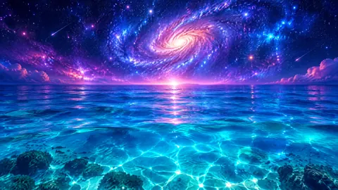 Turquoise Ocean Under Spiral Galaxy