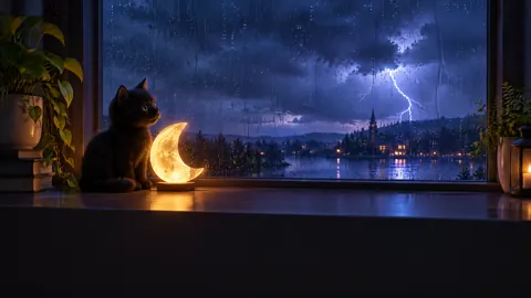 Black Kitten by Moon Lamp