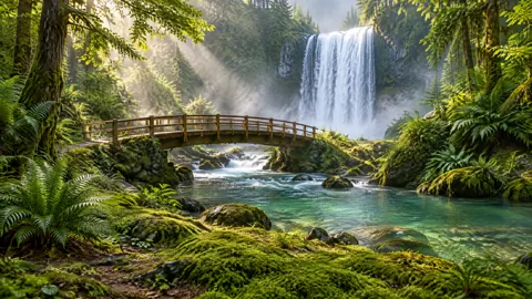 Wooden Bridge to Waterfall