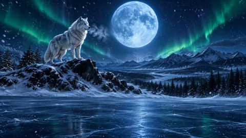 White Wolf Under Aurora