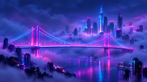 Neon Suspension Bridge at Night