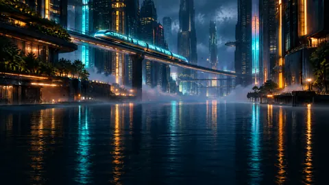 Monorail Over Neon Canal