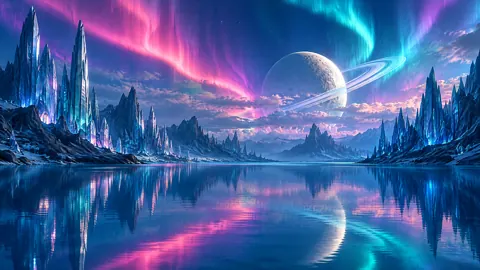 Crystal Cliffs Under Ringed Moon