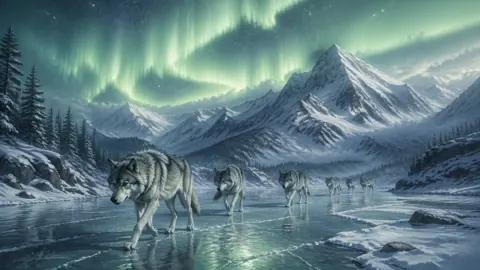 Wolf Pack Under Aurora