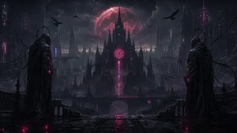 Cloaked Figures at Neon Cathedral