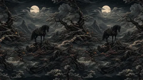 Black Horse in Moonlit Mountains