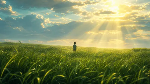 Boy in Sunlit Grass Field
