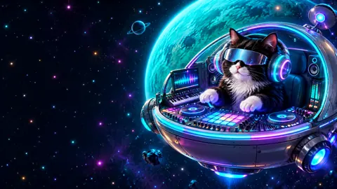 Tuxedo Cat DJ in Space
