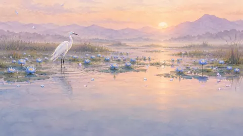 White Heron Among Water Lilies