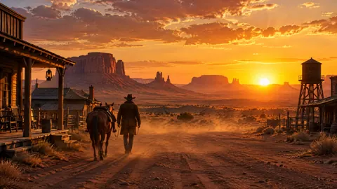 Cowboy and Horse at Sunset