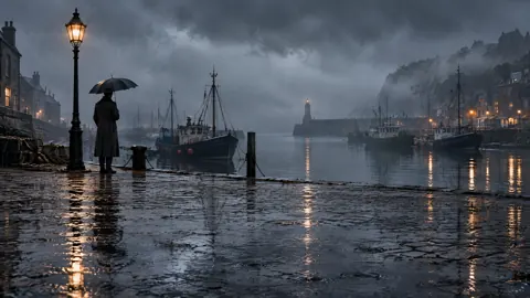 Umbrella Figure at Harbor Lamppost