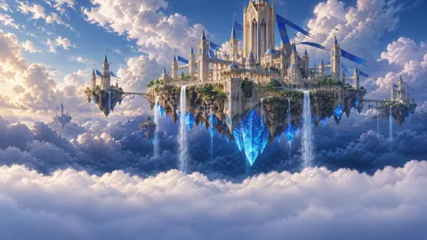 Floating Sandstone Citadel with Blue Crystals
