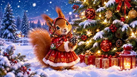 Squirrel With Pinecone at Christmas Tree