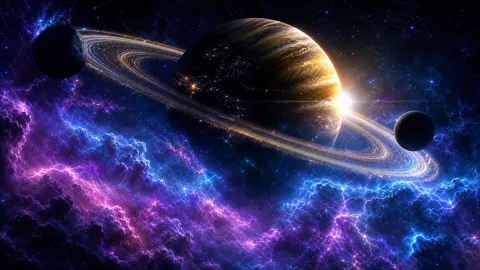 Ringed Planet With Lightning Nebula
