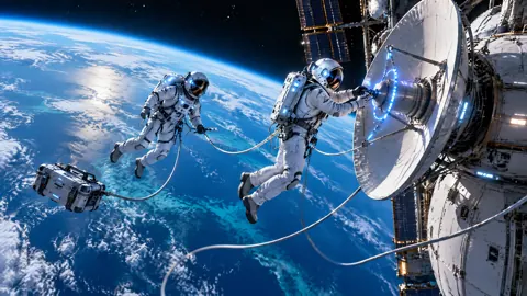 Astronauts Repairing Blue Antenna