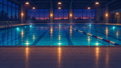 Indoor Pool With City Skyline