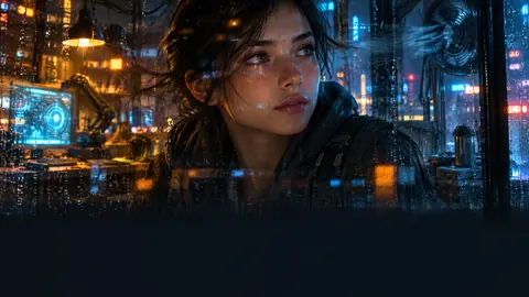 Cyberpunk Engineer Through Rainy Glass