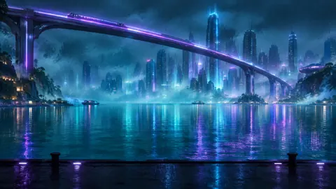 Cyberpunk Bridge Over Harbor
