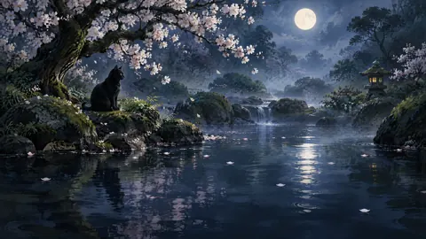 Black Cat by Moonlit Pond