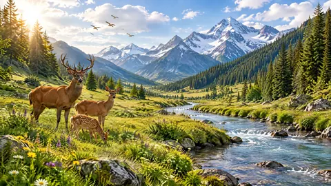 Deer Family by Alpine River