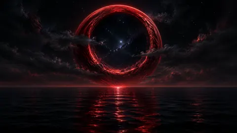 Hollow Crimson Planet Over Ocean