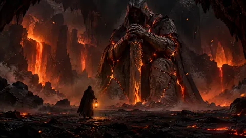 Hooded Warden Before Lava Statue