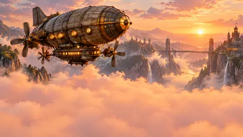 Steampunk Airship Above Canyon